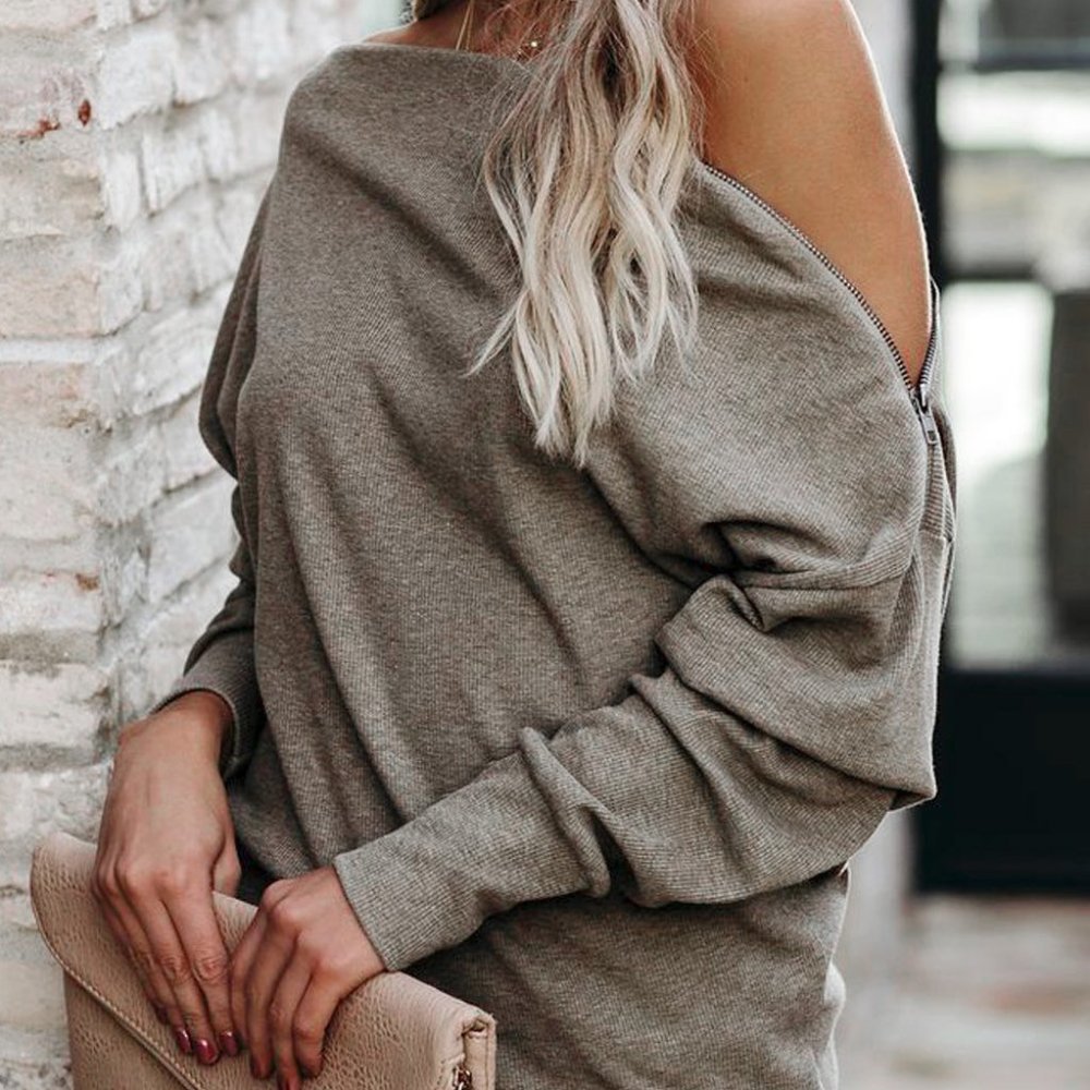 Khaki long sleeve zip shoulder top - Picture 2 of 11